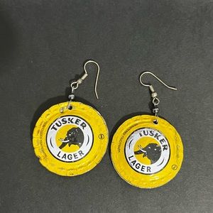 Tusker Lager beer cap earrings - handmade in Ghana